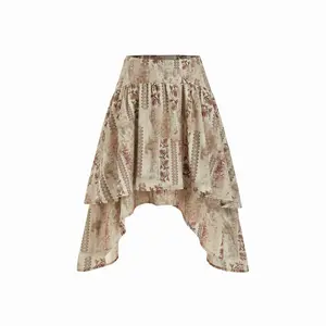 Cider Floral Ruffled Asymmetrical Hem Flared Midi Skirt