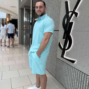 Two-Piece Set Men's Regular Fit Solid Textured Breathable Collared Short Sleeve Shirt & Shorts, Outfit Sets Casual Tropical Summer Set for Men, Mens Clothes for Beach Vacation