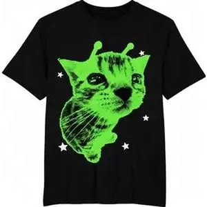 Green Alien Cat Meme T-Shirt, Funny Neon Space Kitten Graphic Shirt, Vintage Y2K Cyber Aesthetic Streetwear Tee, Crew Neck, Short Sleeve, Cotton, Gift for Internet Culture Fans Him Her, Men And Womenswear Top