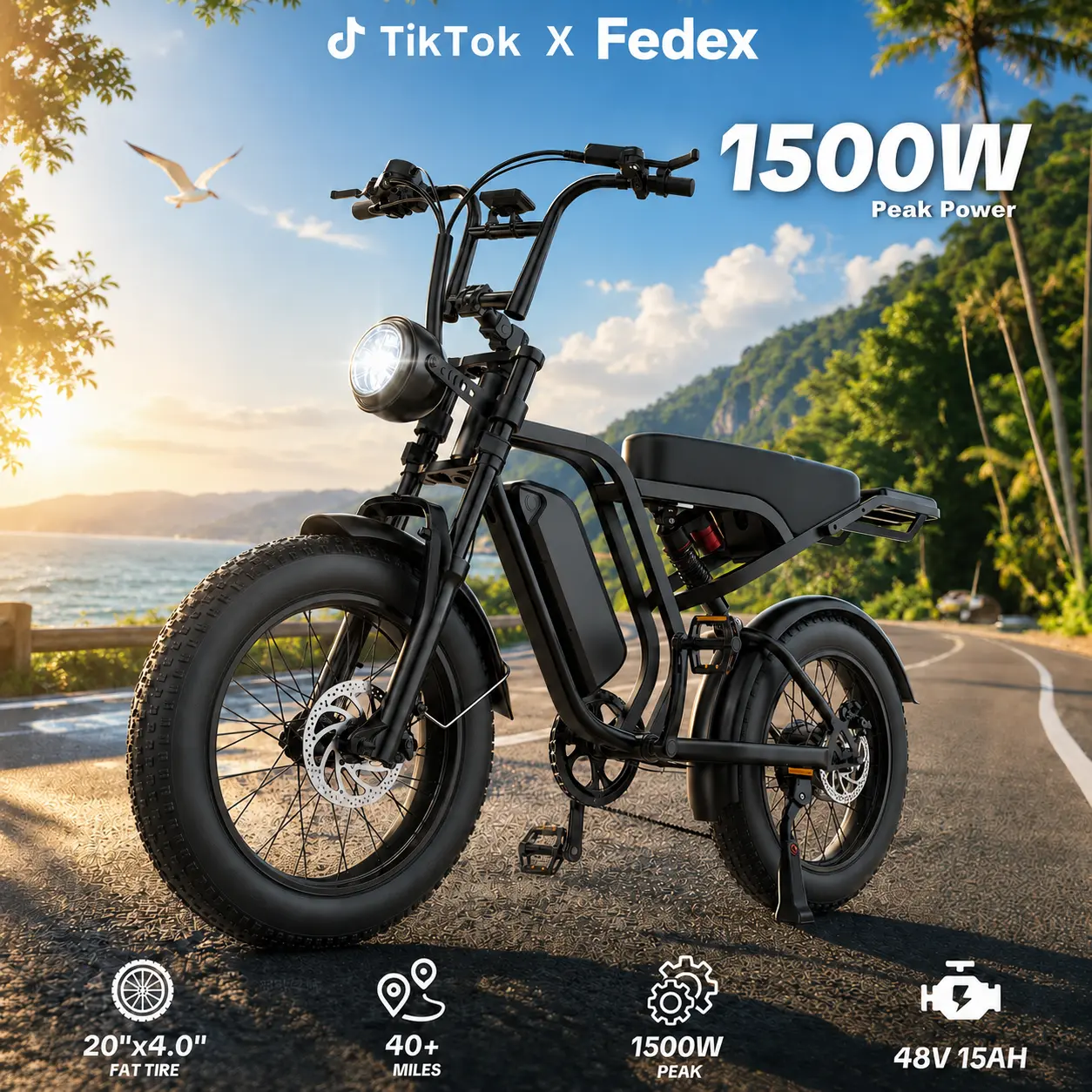 All-Terrain Fat Tire Electric Bike for Adults,32MPH, 1500W Peak Motor, 90Nm Torque, 40° Climbing, Full Suspension, 48V 15Ah Battery, 330LBS Capacity
