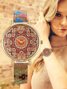 Center Symmetry Layered Boho Quartz Watch, Zinc Alloy Case with Woven Leather Strap, Analog Dial, Precision Movement, Women's Daily Commute