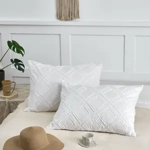 Pillow Shams 2 Pack, King Size Pillowcases, Soft Microfiber Geometric Tufted Pillow Covers with Envelope Closure, White, 20x36 Inches (No Insert)