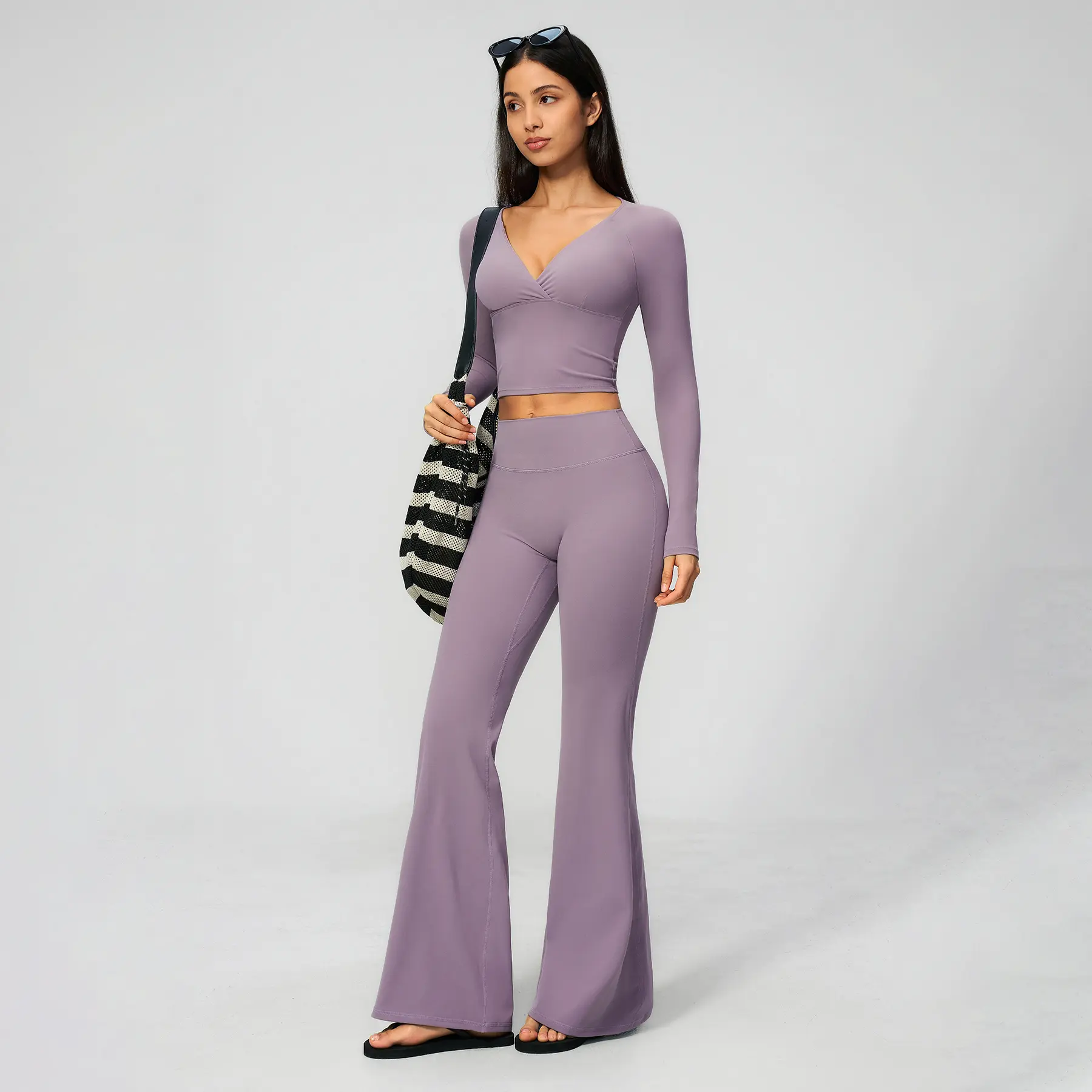 Matching Sets Women 2 Piece V-Neck Long Sleeve Flare Leggings Yoga Set High Waisted Tummy Control Workout Sets For Women Buttery Soft Activewear Fitness Running Outfits Quick Dry Breathable Gym Suit Snatched Slimming Outdoor