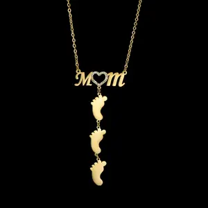 New Personalized Engraved Baby Feet Name Necklace Staless Steel Customized Children's Names Zircon Jewelry Mother's Day Gift