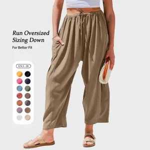 TARSE Womens Linen Wide Leg Pants Casual Loose Fit Palazzo Harem Pants with Pockets Summer Beach Elastic Lightweight Drawstring Bottom