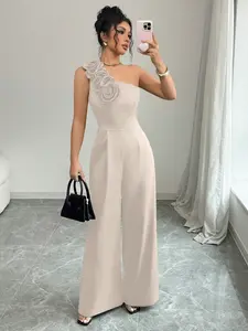 Rafferiza Women s Solid Color Asymmetric Collar 3D Flower Elegant Fitted Jumpsuit - Apricot