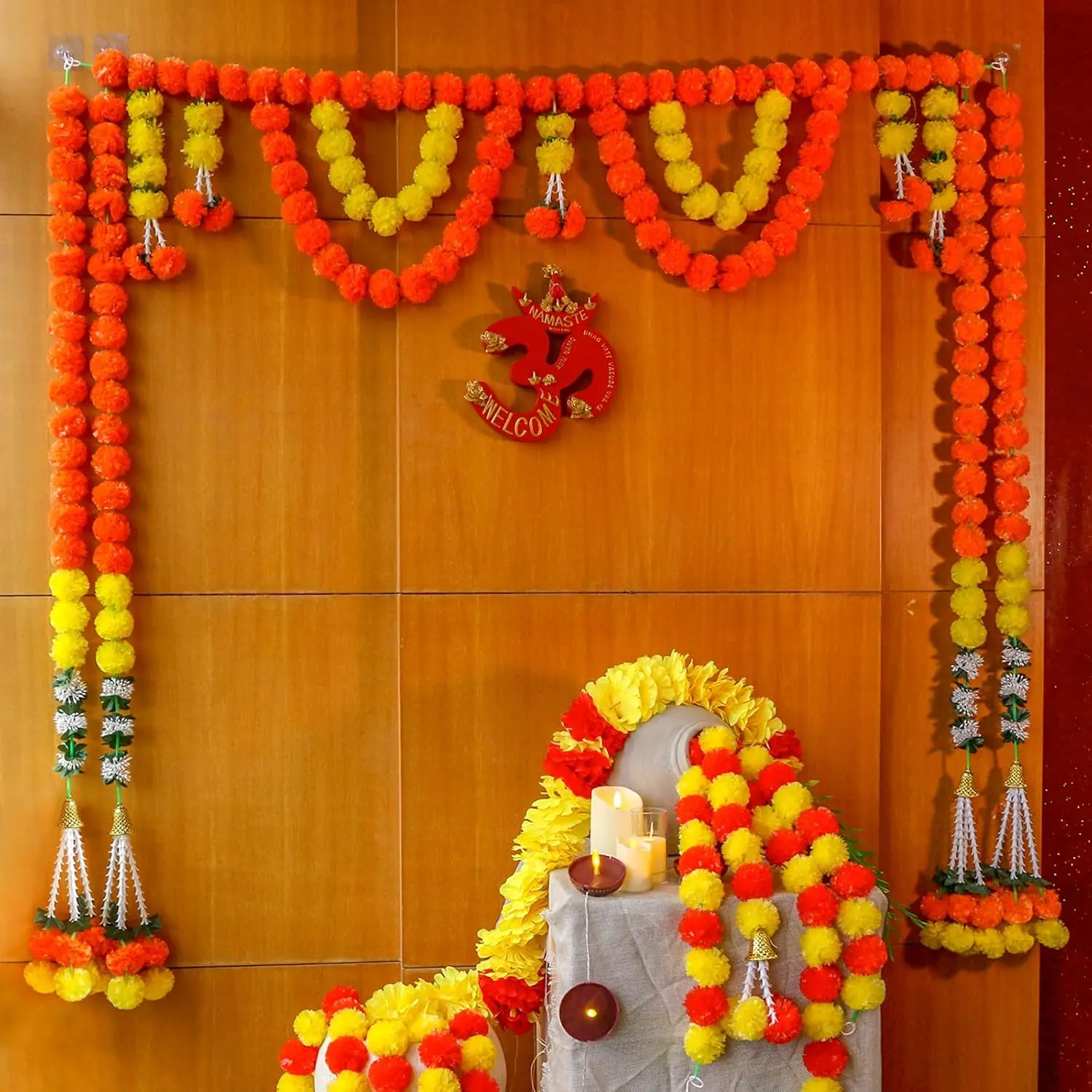 Classic Metal Artificial Marigold Garland Ornaments, 5PCS 5FT Strings - Festive Decoration for Religious Events, Children's Day, Wall Hanging Supplies (Diwali Bandarwal Toran, Mandir Pooja, Wedding Mandap Use)