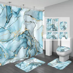 4-piece light blue marble pattern shower curtain set, with rug, abstract style bathroom set, includes shower curtain and rug, modern bathroom curtain set, with toilet cover, suitable for luxury bathroom decoration
