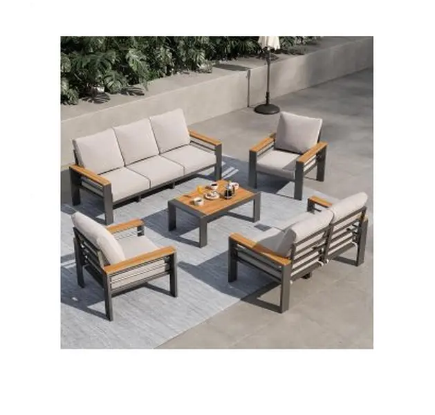 GARVEE Aluminum Frame Patio Furniture Sets - 2 Single Sofas, 3-Seater Sofa, Coffee Table with WPC Armrests & WPC Tabletop, Outdoor Seating Set