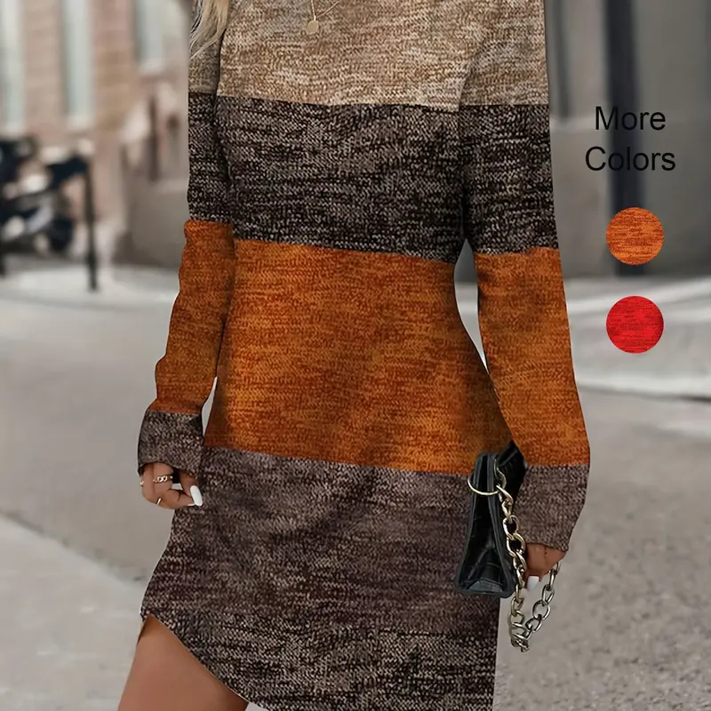 Women's Colorblock Round Neck Elegant Long Sleeve Fitted Dress, Comfortable Fabric, Simple Long Sleeve Dress, Stylish and Chic