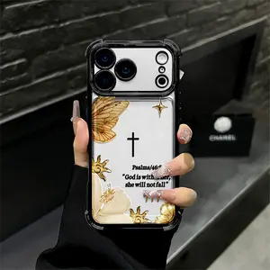 Gold Butterfly Flower Cross Psalm 46:5 iPhone Phone Case for iPhone 17 Pro Max 16 15 Plus 14 13 12 Series Full Camera Lens Protection Shockproof Drop Resistant Durable Bible Verse Christian Phone Case Suitable for All People All Religions All Faiths