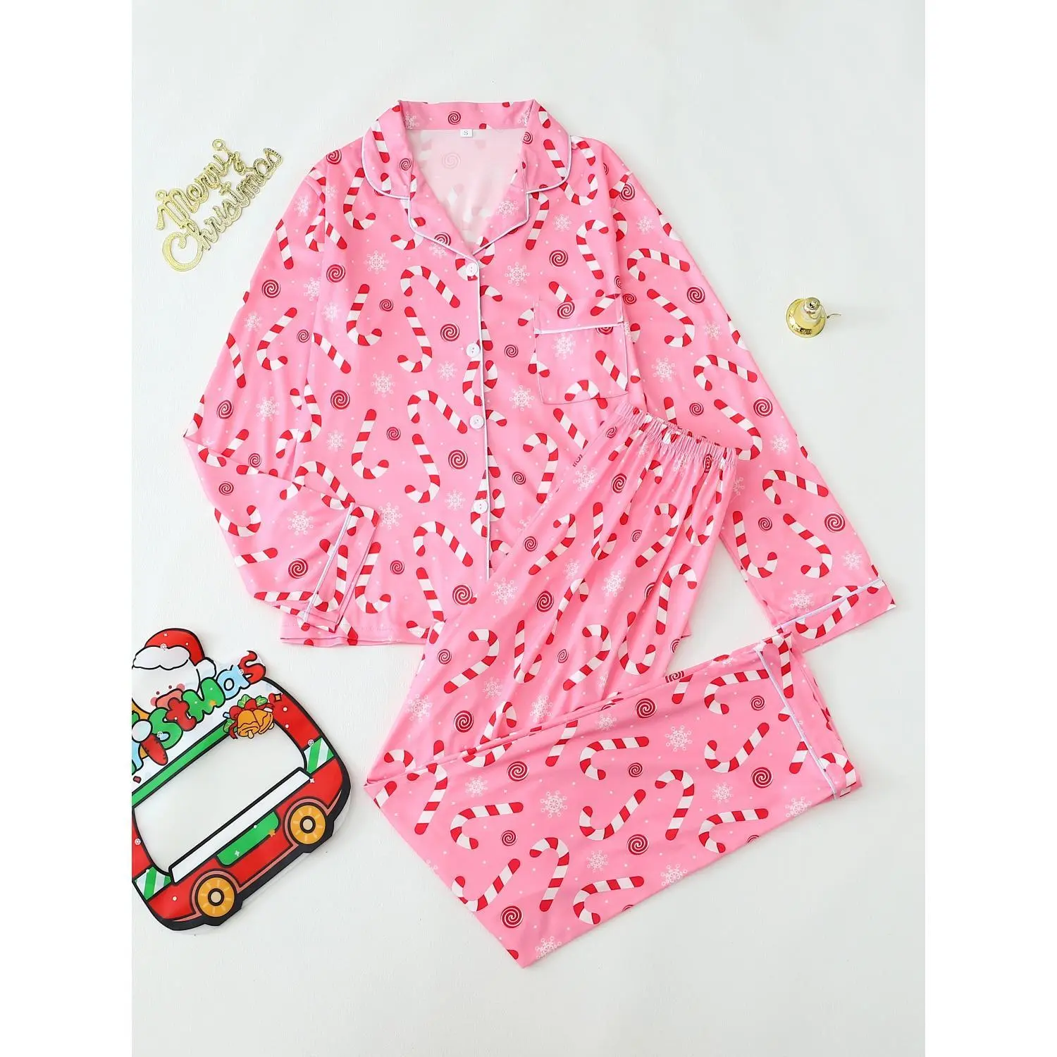 Christmas Print Long Sleeve Long Pants Youth Pajama Set, for Teenager