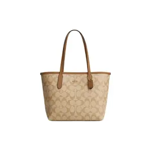 COACH City 23 Gold-Logo Classic Monogram Tote Bag for Women – Medium Size, Saddle Tan and Light Khaki