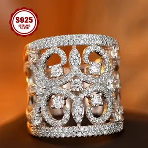 S925 sterling silver wide ring, luxuriously full of 5A zirconia, personalized cut-out pattern design, suitable for women, daily wear, to party, music festival, Valentine's Day gift.
