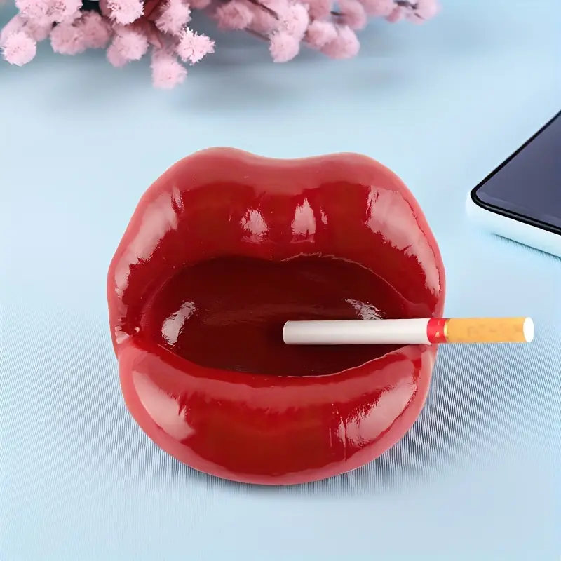 Red Lip Shaped Resin Ashtray with 1pc Lighter - Contemporary Home Decor Accessories, Functional Desktop Ornament with Ashtray Function for Family Living Room