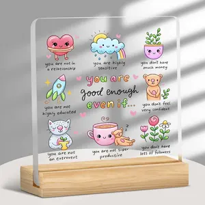 You Are Good Enough Lettering Acrylic Desktop Ornament, Creative Cartoon Pattern Decorative Plaque, Desktop Decoration for Home Office Dormitory School, Signs