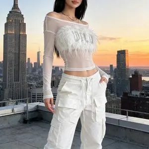 2025 Winter New Women’s Sexy Wild Feather & Letter Embroidery Sheer Long-Sleeve Off-Shoulder Crop Top