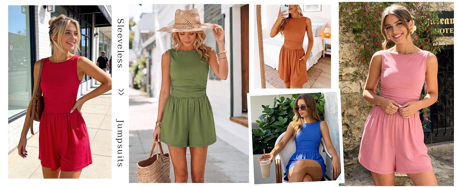 PrettyGarden Summer Rompers for Women Dressy Casual Sleeveless Short Wide Leg Jumpsuits Beach Vacation One Piece Outfits#Summervibes