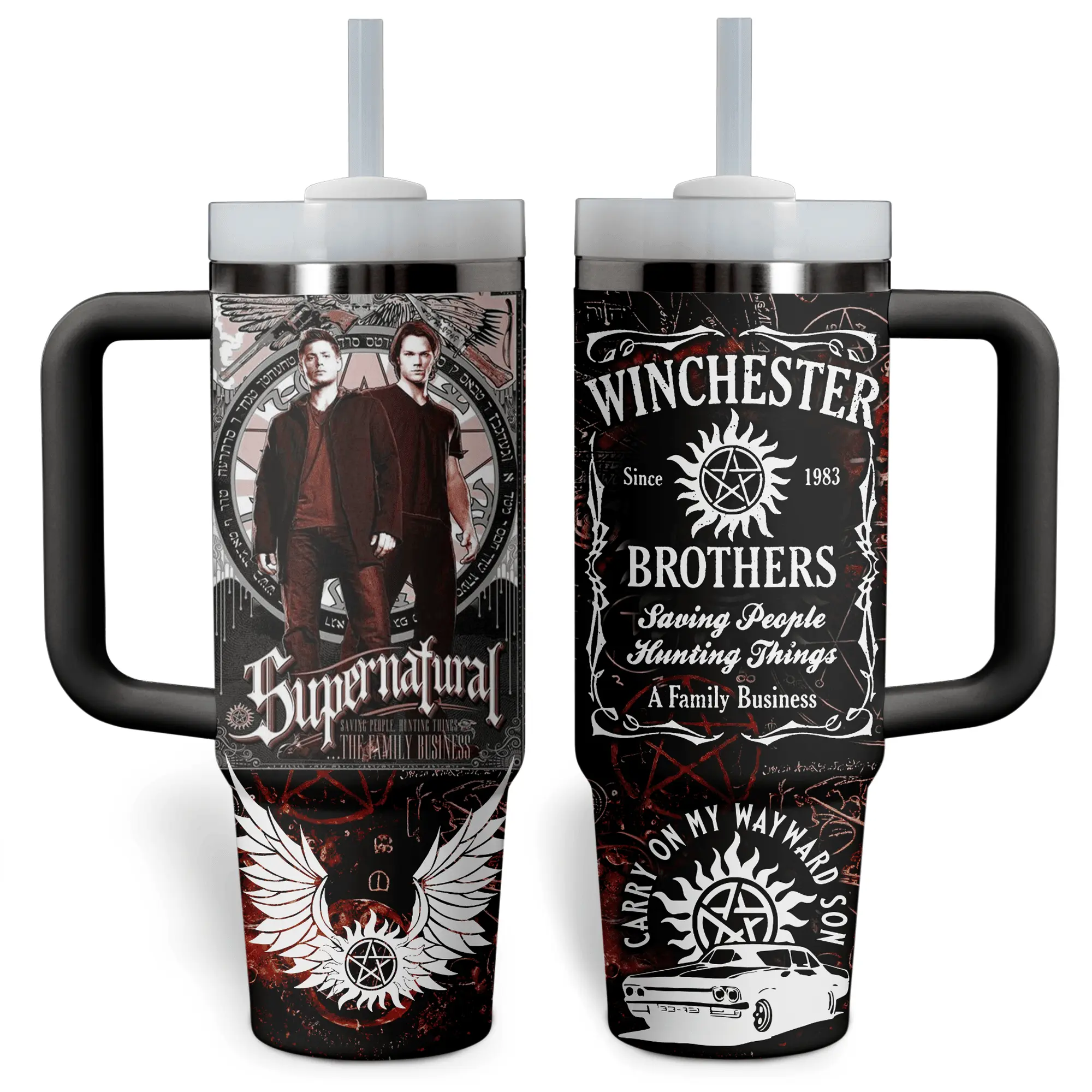Supernatural Winchester Brothers Tumbler 40oz With Handle & Straw, Sam and Dean Inspired TV Series Travel Mug, Paranormal Hunter Graphic Insulated Stainless Steel Cup, Supernatural Fan Drinkware, Leakproof Large Capacity Water Tumbler, Horror TV Gift