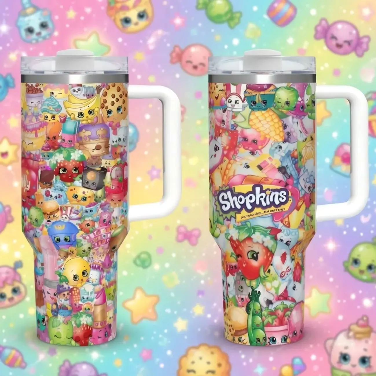 Shopkins Inspired 40oz Tumbler with Handle, Stainless Steel Insulated Travel Mug, Reusable Water Bottle, Cute Gift for Fans