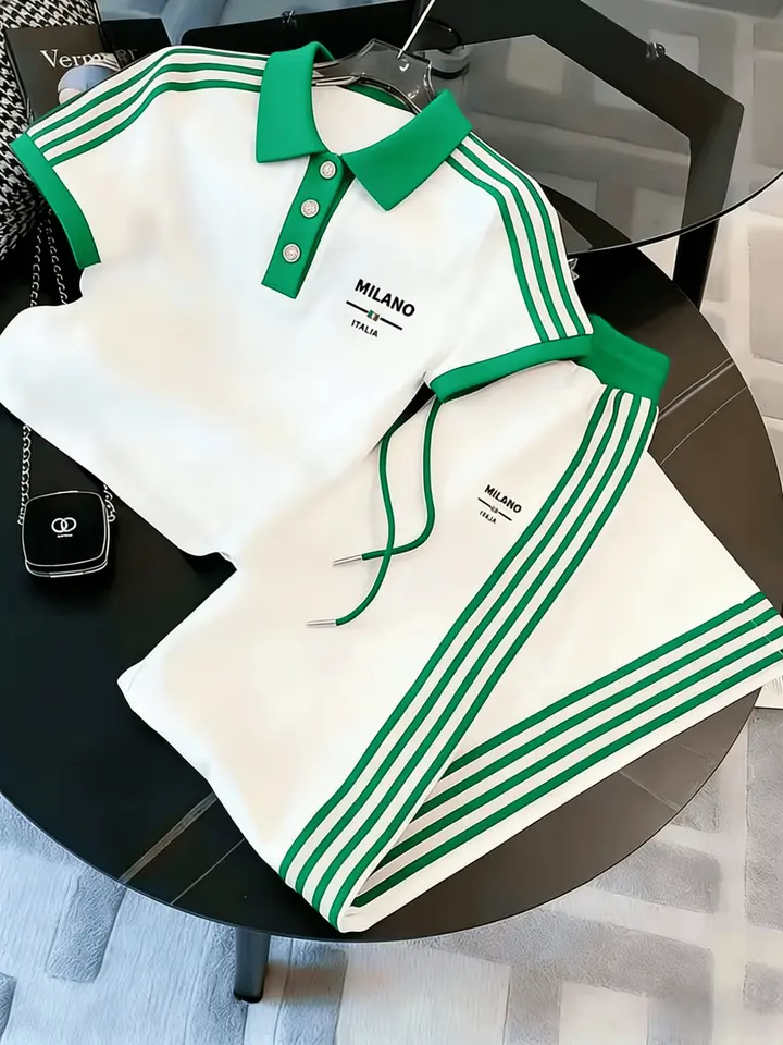 Men's & Women's 2-Piece Milan-Style Striped Casual Sportswear Set - Button Striped Shirt, Pants, Suitable for Golf & Fitness, All-Season Wear; Women’s 2-Piece Pants Set Sizing Note: Purchase per Marked Sizes