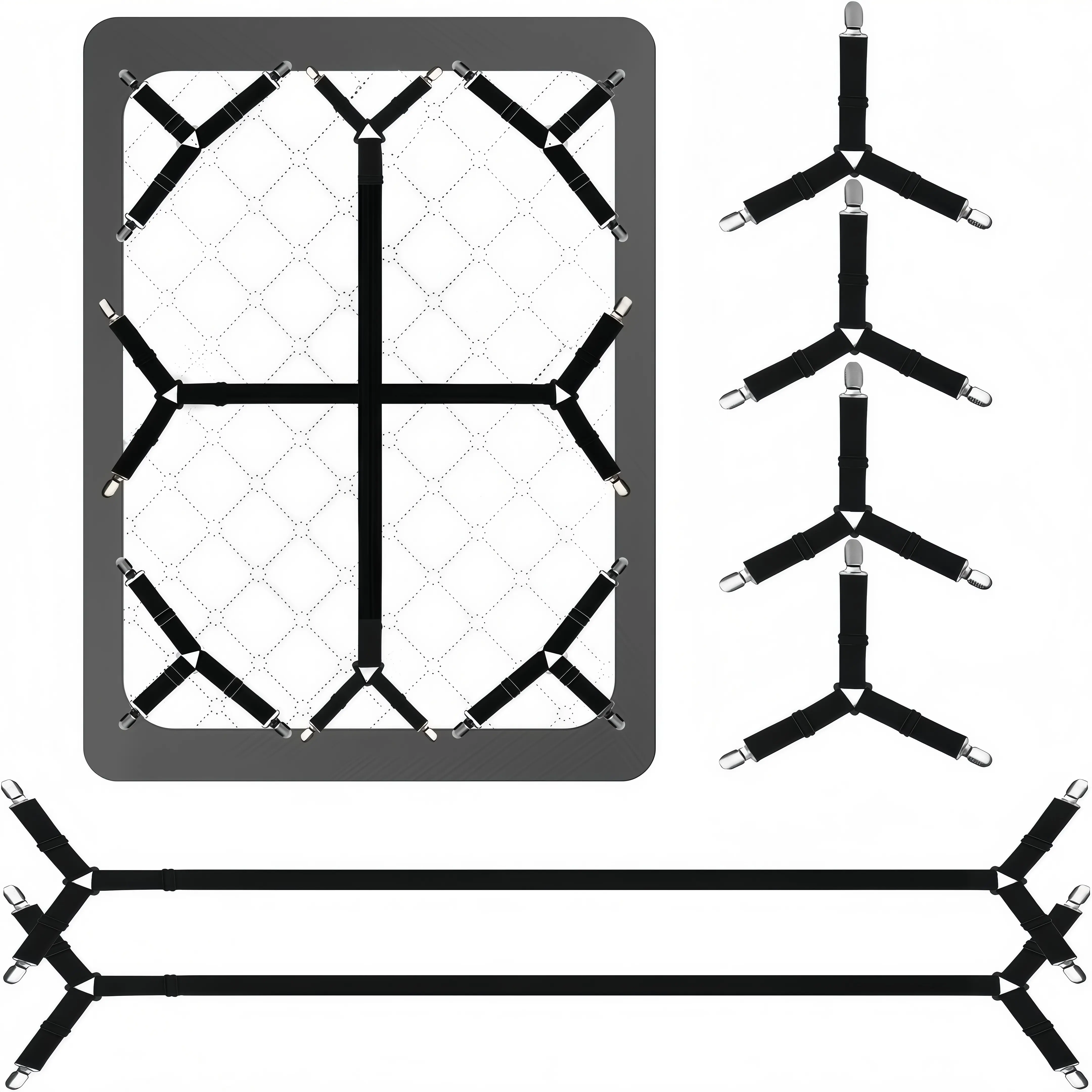 LMMAKE 6PCS Adjustable Crisscross Bed Sheet Straps, Durable Bedding Accessories with Locking Bedsheet Clips, Corner Sheet Holders for Mattress Suspenders, Bedding Supplies (Black)