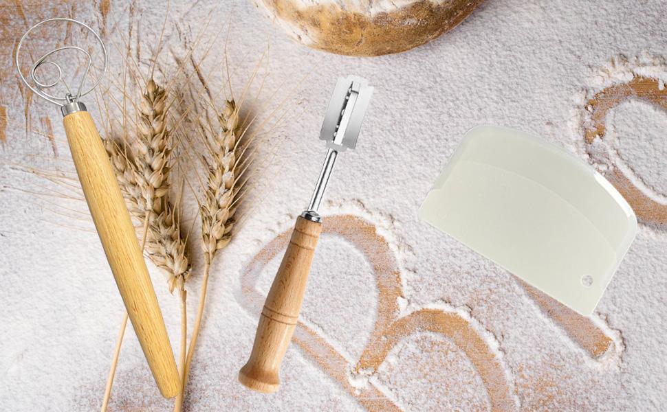 3PCS Stainless Steel Bread Lame and Danish Dough Whisk Set with 5 Replacement Blades, Scoring Bread Knife, Dough Scraper, and Sourdough Scoring Mold for Baking Bread, Pastry, Pizza, and Cake