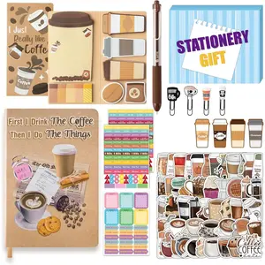 Notebook Sticky Notes Stationery Set, 6 count Hardcover Ruled Journal Notebook with Planner Stickers, Neutral Pen Bookmarks Clips Birthday  for Office School Students (Coffee)