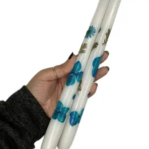 Pressed flower candles. White/blue