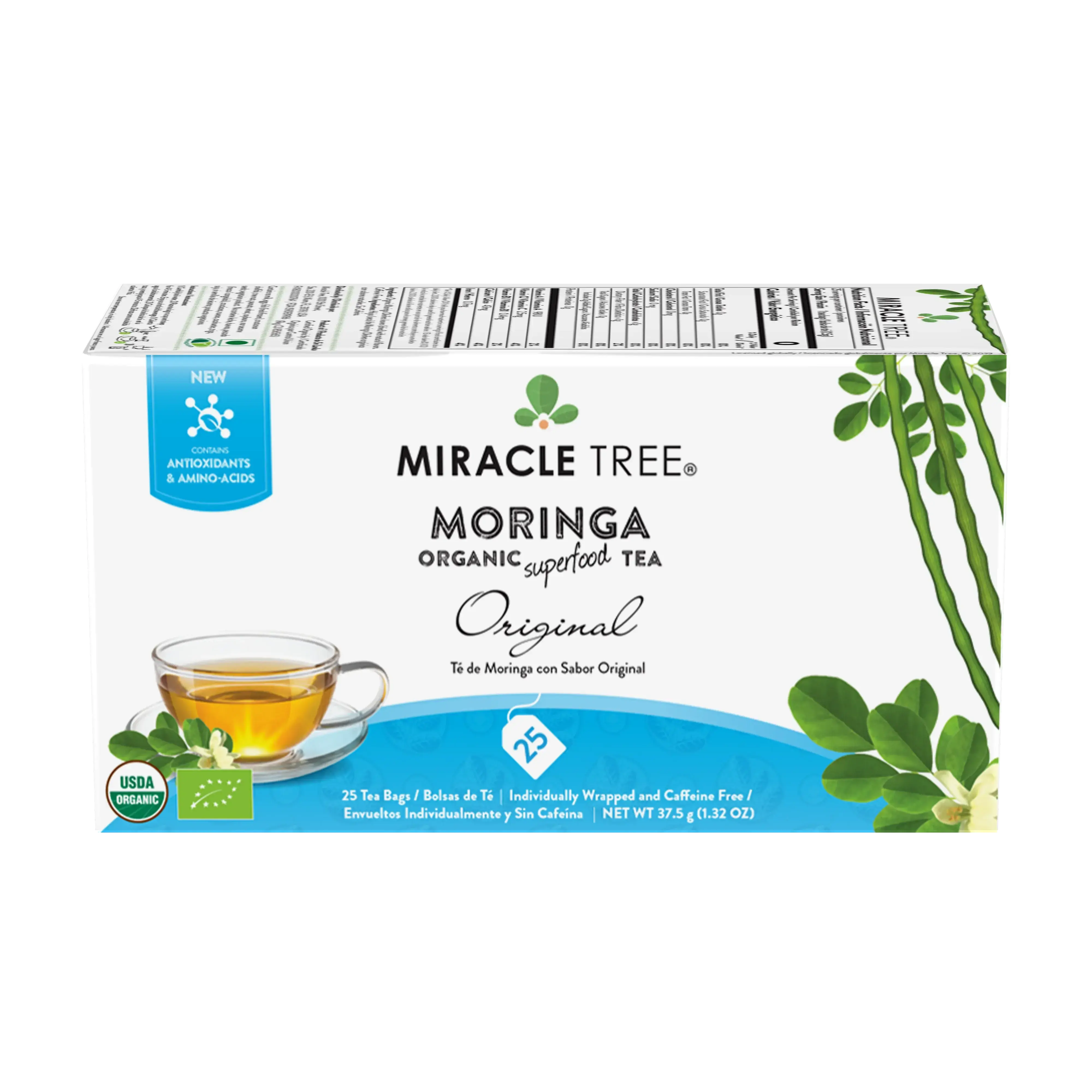 Miracle Tree Organic Moringa Tea Original Caffeine-Free Herbal Tea - USDA Certified Pure Moringa Flavor Nutrient-Rich Beverage