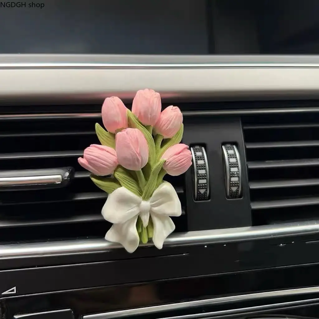 Pink Tulip Car Air Vent Freshener, Cute Bouquet with White Bow, Fragrance Diffuser Clip, Aesthetic Decor, Perfect for Adding Sweet Floral Vibe & Fresh Scents to Your Ride, Car Accessories, Accessories For Car