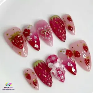 Strawberry Press On Nails Fruit Nail Art Pink Nails Handmade Pearl Nails Glossy Strawberry Nail Set Summer Cute Nails