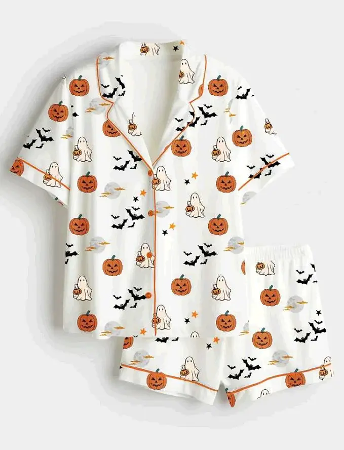 Women’s Cute Ghost Pumpkin Bat Pajama Set, Halloween Print Sleepwear, Short & Long Button Down Pajamas