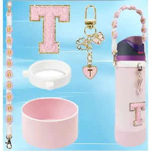 Silicone Boot Cute Monogram Set for Owala Water Bottle – Compatible with 24 oz, 32 oz, 40 oz, Free Sip & Tumbler – Pink, Black, Letter Accessories