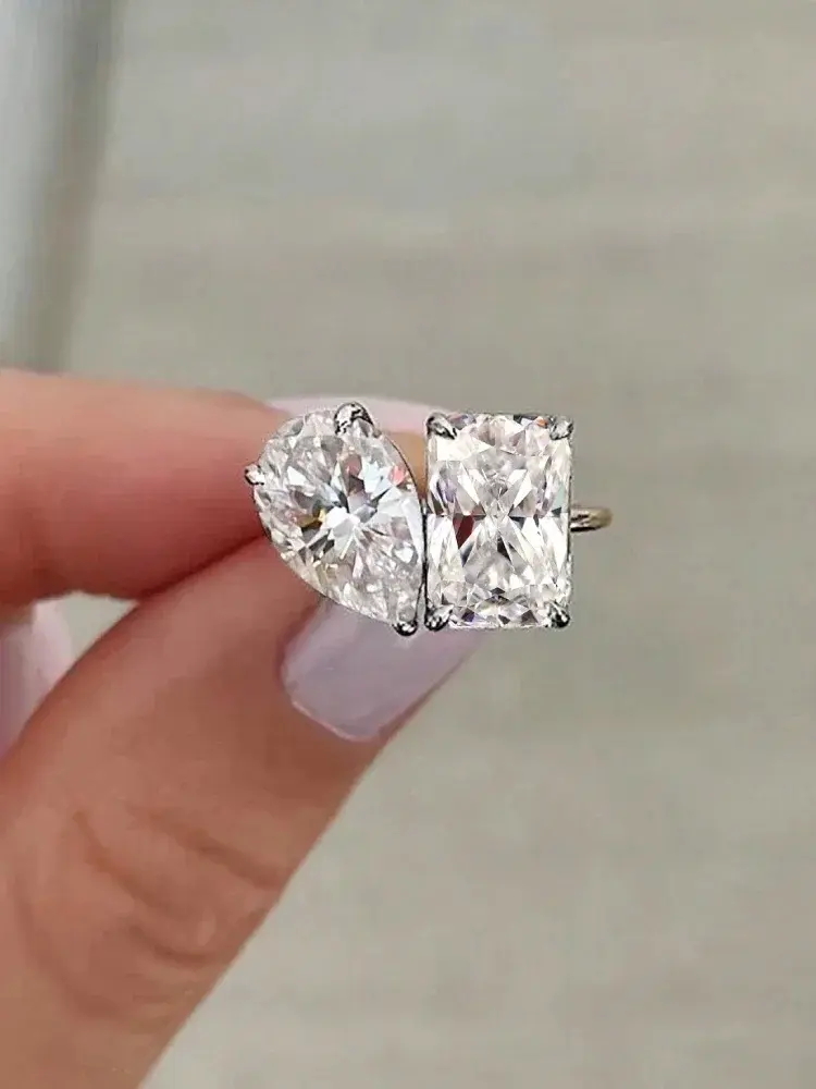 Women's 925 Sterling Silver Toi et Moi Ring - Water Drop & Square Cut Sparkling Zircon, Bridal Statement Ring, Elegant Fine Jewelry Accessory, Elegant Ring
