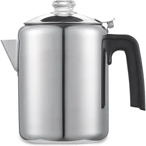 8-Cup Stainless Steel Classic Stovetop Coffee Percolator with Filter, Transparent Glass Brew Progress Knob, Cool-Touch Handle, Cordless Serve Function, Tea Compatibility, Easy-Pour Spout, Indoor Use