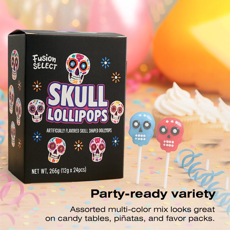 Fusion Select 24 Pcs Sugar Skull Lollipops - Colorful Halloween & Day of the Dead Candy - Individually Wrapped Novelty Treats for Kids - For Trick or Treat, Themed Party Favors & Celebrations Traditional Sweet Snack