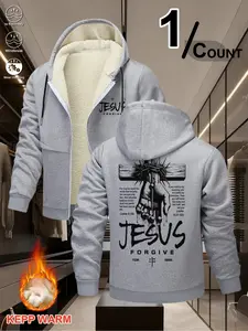 Men's Christian Sherpa-Lined Hoodie - Jesus "FORGIVE" Graphic with Bible Verses, Warm Fleece Zip-Up Fashion Jacket