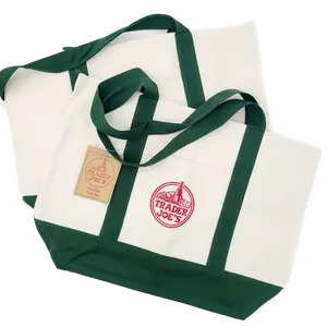 Large Tote Shopping Bag - Green | Cotton Canvas Embroidered Bag | Set of 2