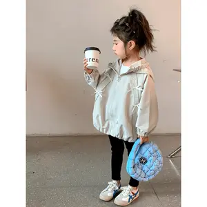Spring and autumn new style comfortable and versatile trendy Korean-style loose-fitting zip-up hooded jacket for children, suitable for outdoor travel and play, with bow decoration