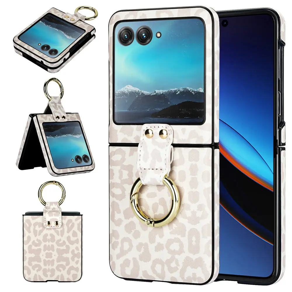 Fashion Leopard Print Leather Ring Case For Motorola MOTO Razr 40 Ultra Razr40 Slim Cover Fundas