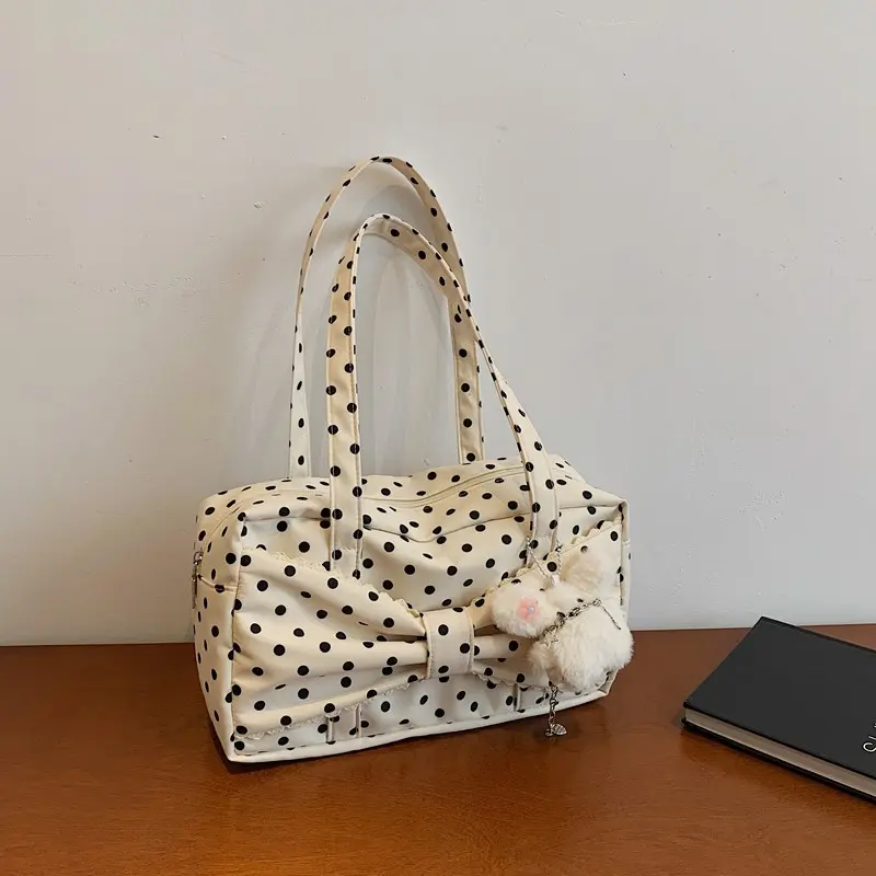 LisiZen Sweet Polka Dot Bow Carry Bag for Women, Soft Fabric Shoulder Handbag with Plush Pendant, Daily Commuter Purse, Fashionable Shoulder Bag, Bow Accent,summervibes Trendy Commuting Bag
