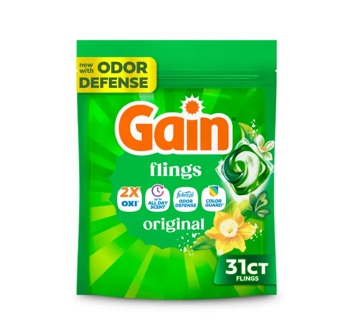 Gain Flings Laundry Detergent Soap Pacs, 4-in-1 Oxi Boost and Febreze, Original Scent, 31 Count