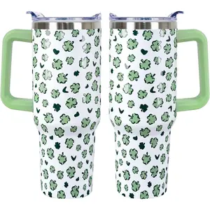 40 Oz St Patricks Day Tumbler 3d-Printed Green Irish Shamrocks Tumbler Clover Gifts for Women Men Insulated Travel Cup with Handle Lid and Straw