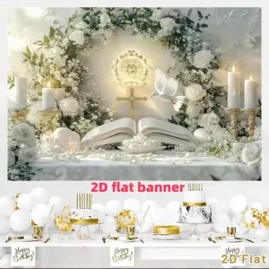 My First Communion Party Backdrop Banner, polyester fabric, wreath arch and cross, suitable for first communion party decorations, photo booths, parties, birthdays, celebrations and indoor/outdoor family birthday party decorations, room decor