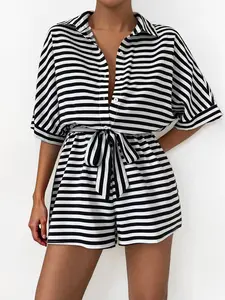 Women's Versatile Collared Striped Button Short Sleeve Jumpsuit, Casual Loose Tie-Up Breathable Playsuit, Simple Style Skin-Friendly Daily Outfit