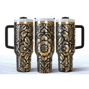 40 Ounce Black Powder Coated Tumbler with Mandala Custom Design - Silver or Rainbow Plating