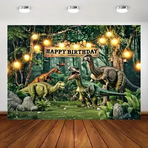 Dinosaur Birthday Party Backdrop Banner - 1pc Polyester Dinosaur Park Themed Photography Background, No Electricity Required, Versatile Fit for Birthday Celebrations and Photo Booth Decorations