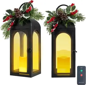 Lantern Decorative Candle Lantern 16 Inch Remote  Set of 2 Decorations with Timer LED Metal Hanging Lantern for  Outdoor Porch Decor Christmas Centerpieces Tables
