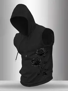 Men’s Black Rose Print Sleeveless Hoodie, Drawstring Gym Tank Top with Gothic Floral Graphic, Casual Workout & Daily Wear Hooded Vest#BlackRoseHoodie #GothicFloralTank #MensSleevelessHoodie #GymStreetwear #TikTokFashion